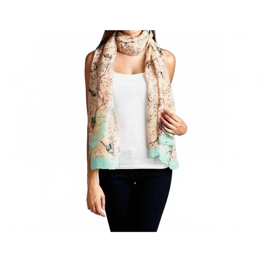 NEW LA SOUL women's birds in branches printed lightweight scarf wrap in pink gre